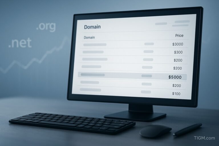 “A modern workspace with a computer screen displaying a generic domain sales list, highlighting a high-value sale, with a keyboard, mouse, and pen on the desk, and blurred .com/.org/.net symbols in the background.”