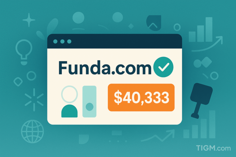 “Digital illustration showing a browser window with the placeholder brandname.com, a green checkmark, and a $40,333 price tag, surrounded by brand-building icons, an auction paddle, and upward-moving bar charts, representing the sale of Funda.com on GoDaddy.”