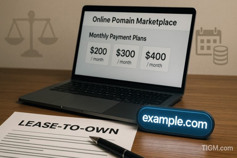“Lease-to-Own contract document beside a glowing domain name tag ‘example.com’ and a laptop showing online marketplace payment plans, symbolizing domain financing with recurring payments.”
