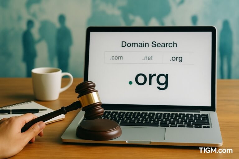 “A laptop displaying a domain search screen with the .org extension highlighted, placed on a wooden desk with a gavel, notebook, and coffee mug, against a soft blue nonprofit-themed background with the TIGM.com watermark.”