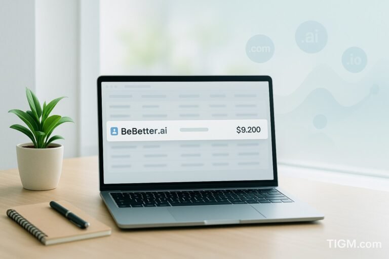 A laptop on a light wooden desk displays a highlighted $9,200 sale for BeBetter.ai, with a plant, notebook, and pen nearby, and soft wellness-themed .ai/.com/.io icons floating in a bright, calm background.