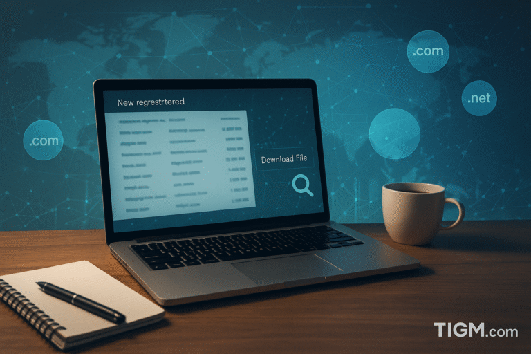“A laptop on a desk displaying a blurred list of newly registered domain names with a ‘Download File’ button, set against a digital world-map background with .com and .net bubbles, a notebook and coffee mug in the foreground, TIGM.com watermark visible.”