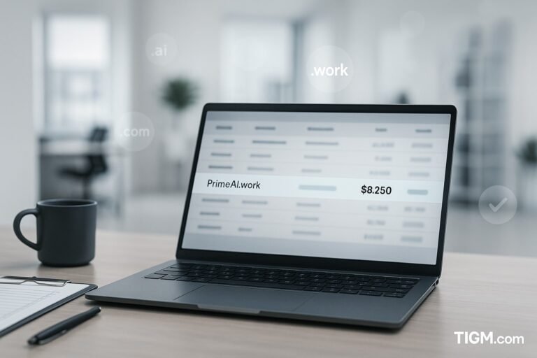 A modern laptop on a clean wooden desk displays a highlighted $8,250 sale for PrimeAI.work, with blurred domain extensions like .work, .ai, and .com floating in a bright co-working office background.