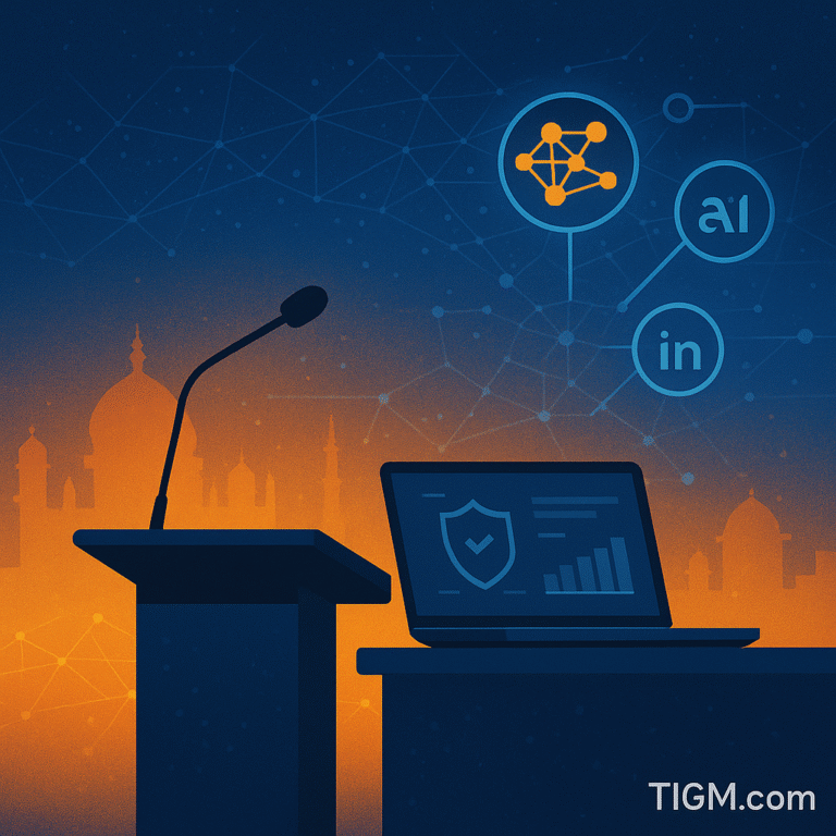 “A conference podium with digital governance graphics, AI neural-network nodes, and abstract DNS/domain icons over an India-themed tech backdrop, representing the India Internet Governance Forum 2025 — TIGM.com featured image.”