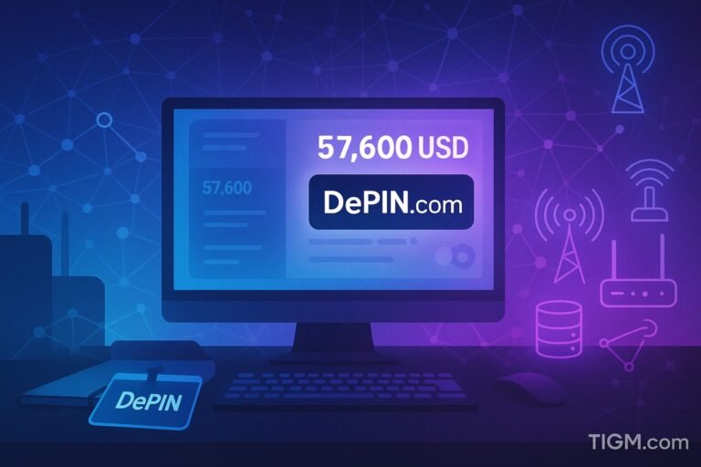 “A modern workspace with a monitor displaying a blurred $57,600 domain sale for DePIN.com, surrounded by neon Web3 network graphics, IoT nodes, wireless towers, and a DePIN badge on the desk; TIGM.com watermark visible.”