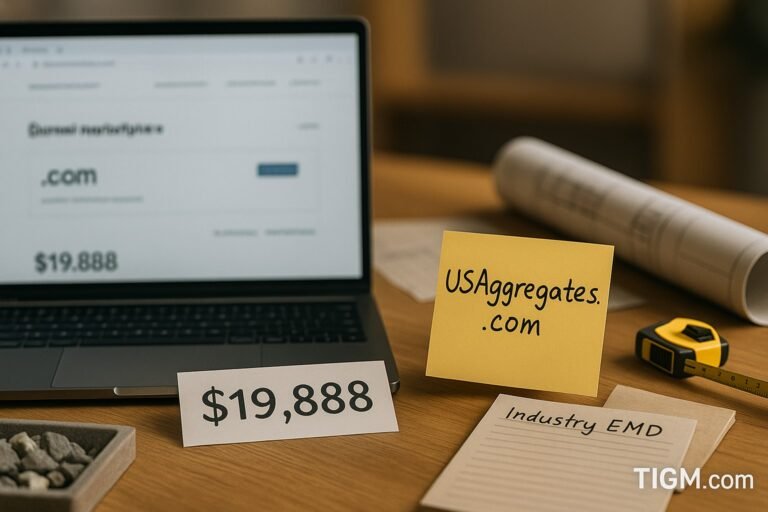 “An office workspace featuring a laptop showing a generic domain marketplace page, a handwritten sticky note labeled ‘USAggregates.com,’ a price tag reading ‘$19,888,’ gravel samples in a tray, a measuring tape, and a notepad titled ‘Industry EMD,’ with rolled construction plans in the background and the TIGM.com watermark.”