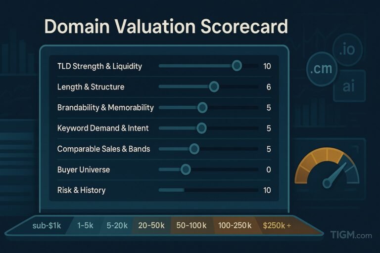 TIGM 7-Factor domain valuation scorecard with price band gauge