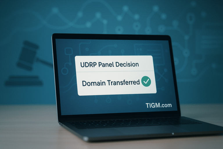 A laptop screen displaying a generic “UDRP Panel Decision” interface with a card reading “Domain Transferred” and a green checkmark, set against a blurred blue legal-tech background featuring subtle gavel and DNS-network icons. TIGM.com watermark appears at the bottom-right.