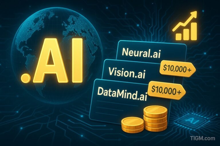 Premium .AI domains such as Neural.ai, Vision.ai, and DataMind.ai with gold price tags representing five-figure sales in the booming AI domain market