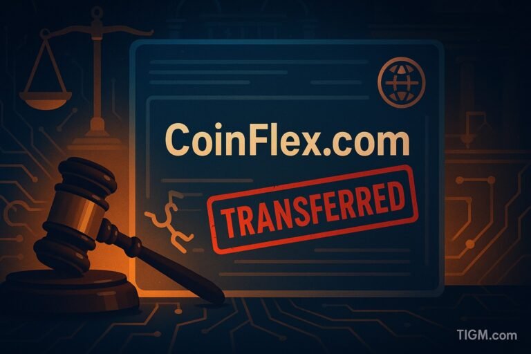 CoinFlex.com domain document marked as transferred with a gavel and broken chain, symbolizing UDRP loss and ownership dispute.