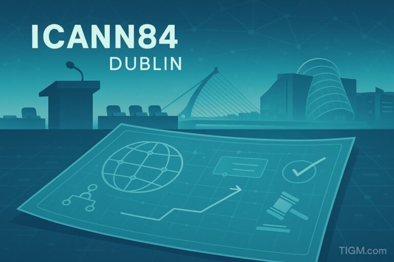 Editorial image with Dublin’s Samuel Beckett Bridge and convention center behind a podium and delegates, foreground blueprint showing globe grid, DNS tree, gavel, chat box, and checkmark; subtle network mesh and TIGM.com watermark.