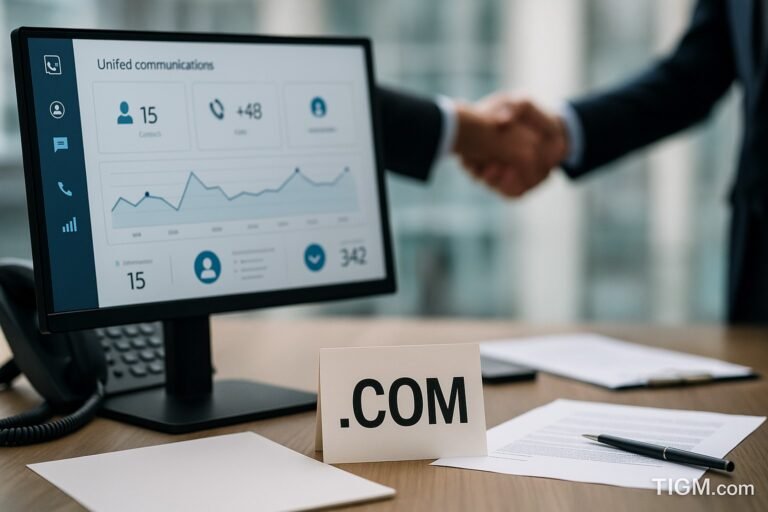 “A workstation showing a unified communications dashboard on a monitor, with a .COM card placed on the desk and two business professionals shaking hands in the blurred background, TIGM.com watermark visible.”