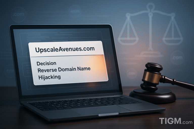 “Laptop showing a generic legal-decision card for UpscaleAvenues.com with Reverse Domain Name Hijacking noted, alongside a gavel and abstract justice-scale icons — TIGM.com featured image.”