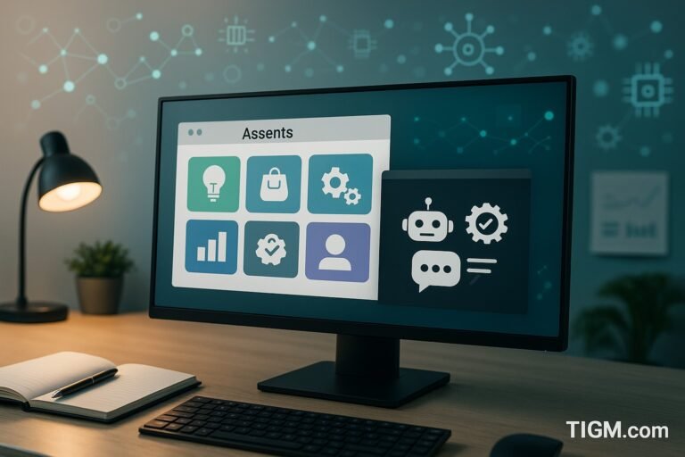 “A computer monitor displaying a generic AI dashboard with multiple assistant-style icons, set on a small-business workspace desk with lamp, notebook, and floating AI network graphics; TIGM.com watermark visible.”