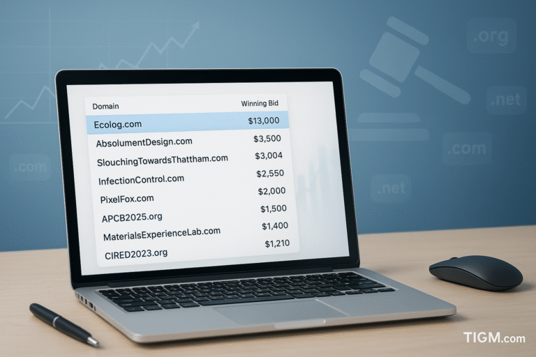 “Laptop screen displaying a generic domain auction dashboard with Ecolog.com highlighted as the top $13,000 sale; auction icons and graphs appear in the blurred blue background with TIGM.com watermark.”