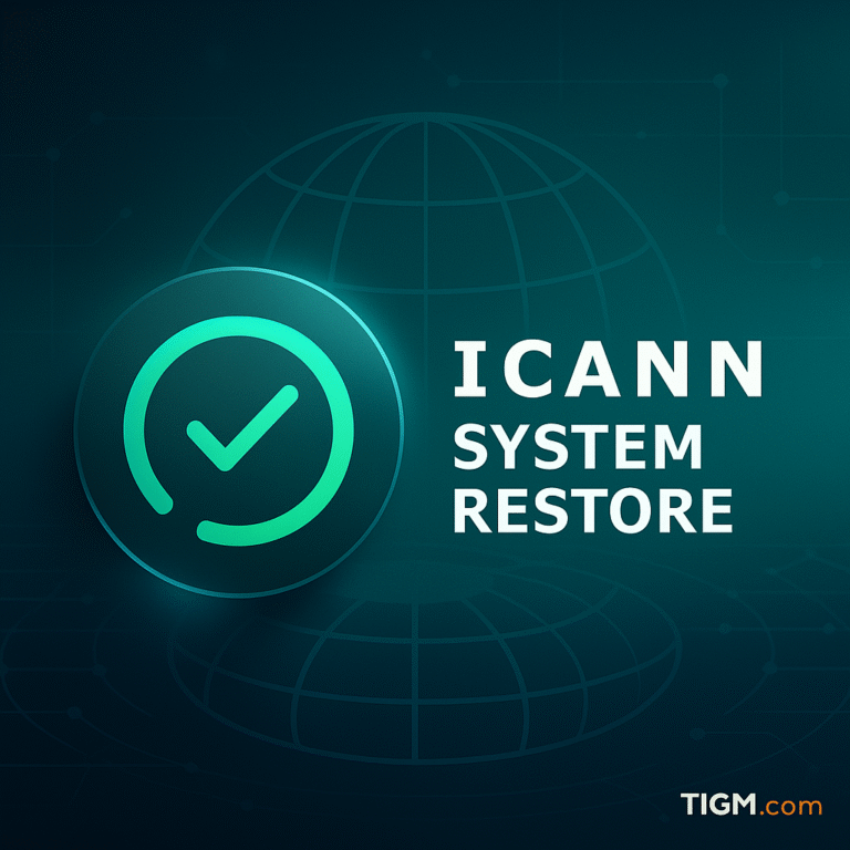 “Tech-themed system restore icon over a globe mesh background, symbolizing ICANN’s restoration of RST systems after an outage.”