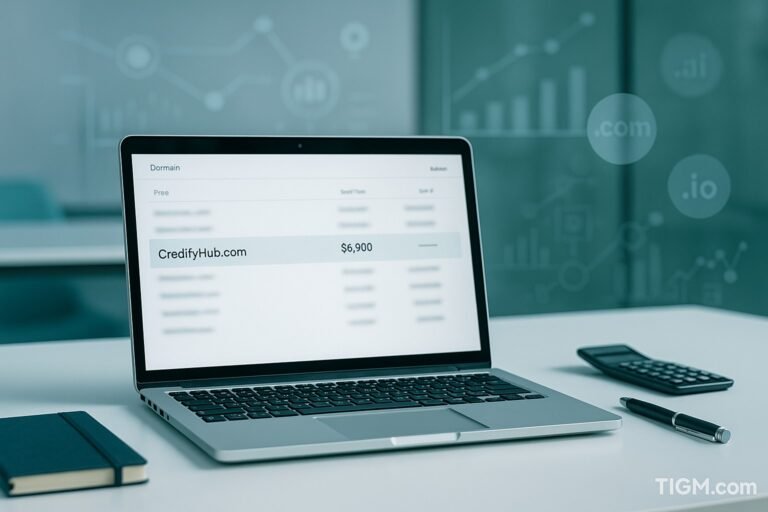 A laptop on a clean white desk displays a highlighted $6,900 sale for CredifyHub.com, with fintech-themed charts and blurred .com, .ai, and .io icons in the background alongside a notebook, pen, and calculator.