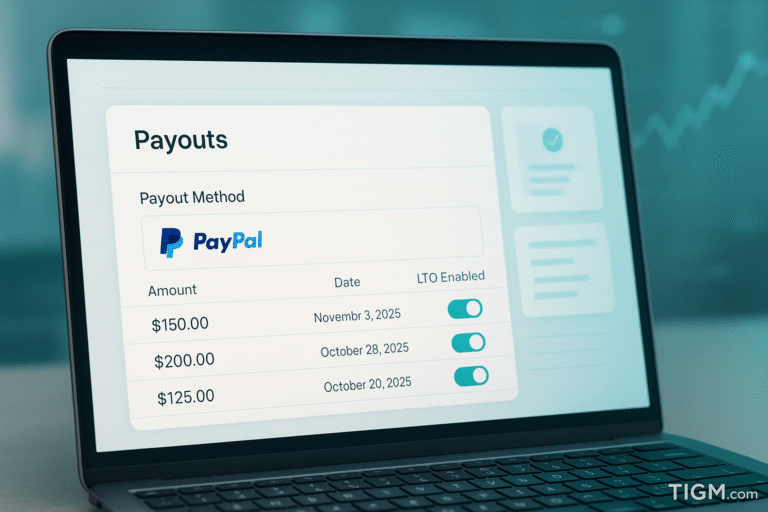 A laptop screen displaying a payout dashboard with PayPal as the selected payout method, transaction amounts listed below, and LTO-enabled toggles on the right. The background shows blurred charts and a TIGM.com watermark in the bottom-right.