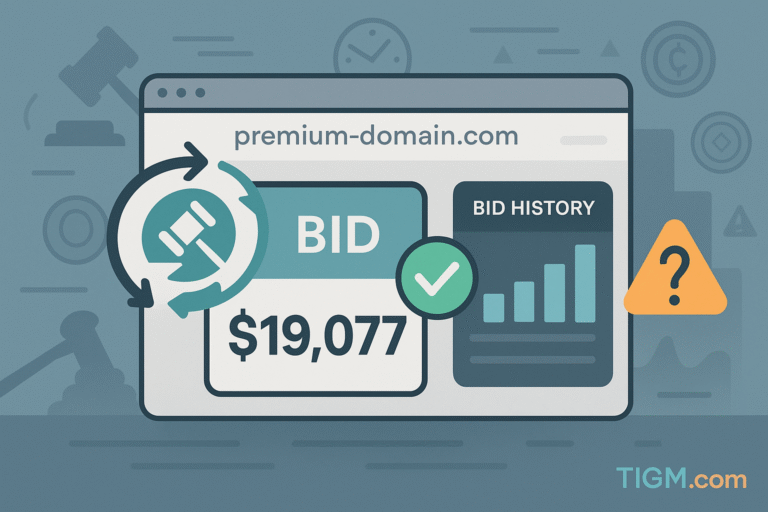 “Digital illustration of a browser window showing a placeholder premium-domain.com with a bid card displaying $19,077, a re-auction circular gavel icon, bid-history bars, and a warning symbol, representing the ongoing saga behind the Coinbook.com re-auction.”