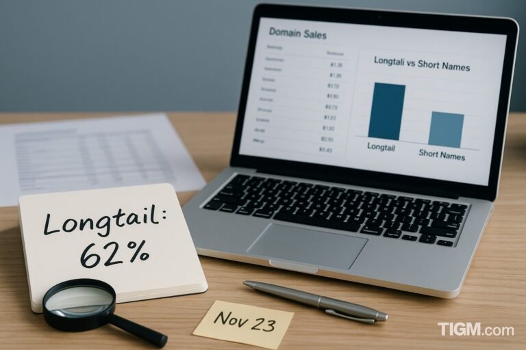 “A workspace with a laptop displaying a bar chart comparing longtail and short domain names, alongside a notepad reading ‘Longtail: 62%’, a magnifying glass, a pen, and a sticky note marked ‘Nov 23’, with a printed data sheet in the background and the TIGM.com watermark.”