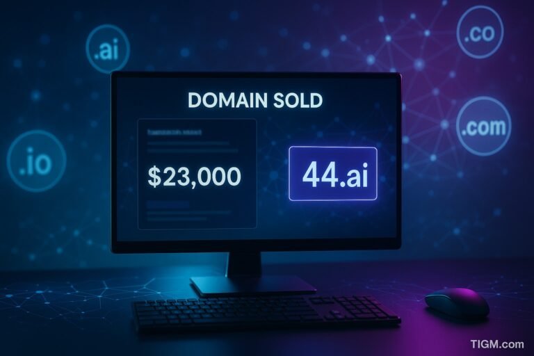 “A modern workspace with a monitor displaying a blurred $23,000 domain sale confirmation for 44.ai, surrounded by glowing .ai, .io, and .com domain bubbles and neon AI-themed network graphics; TIGM.com watermark visible.”