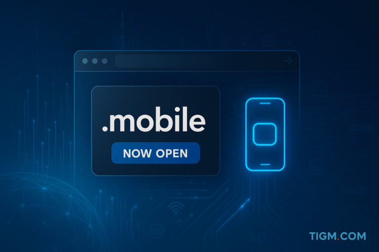 “Digital illustration showing a browser-style window with the .mobile TLD and a ‘Now Open’ badge, paired with a glowing smartphone icon over a blue tech-network background, with TIGM.com watermark.”