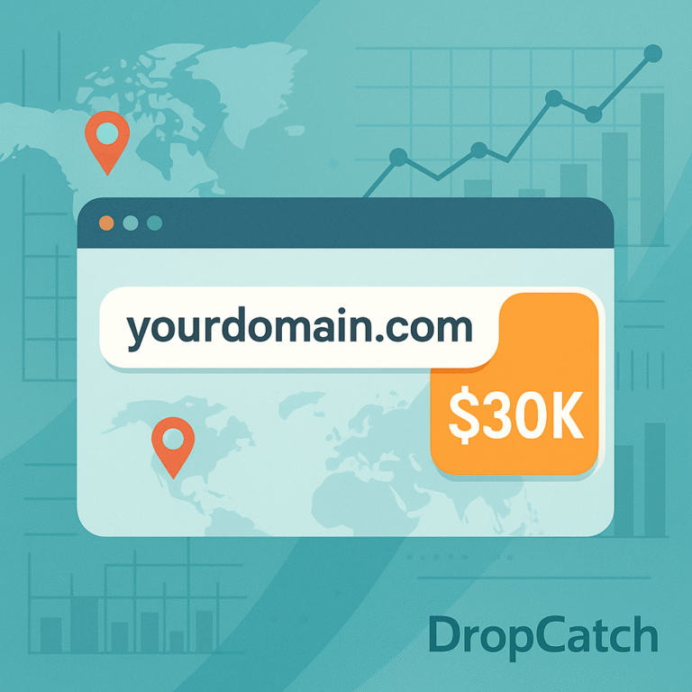 “A digital illustration showing a browser window with a generic domain ‘yourdomain.com’ and a $30K price badge, placed over a world-map background with location pins and rising graph lines, representing the $30,000 DropCatch sale.”