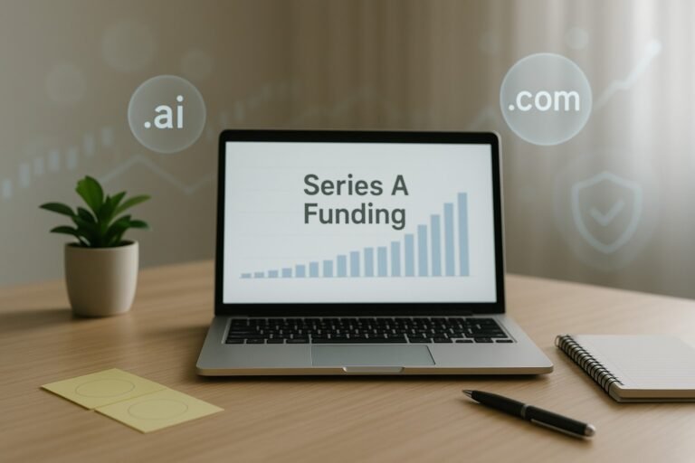 A laptop on a wooden desk displays a “Series A Funding” slide with a rising bar chart, surrounded by a notebook, pen, plant, and floating .com and .ai domain bubbles that symbolize a startup securing matching domains for brand expansion.