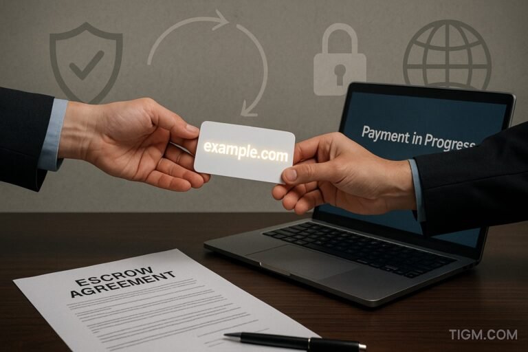 “Two professionals exchange a glowing domain card labeled ‘example.com’ over a laptop showing ‘Payment in Progress,’ beside an Escrow Agreement document, symbolizing secure domain transactions.”