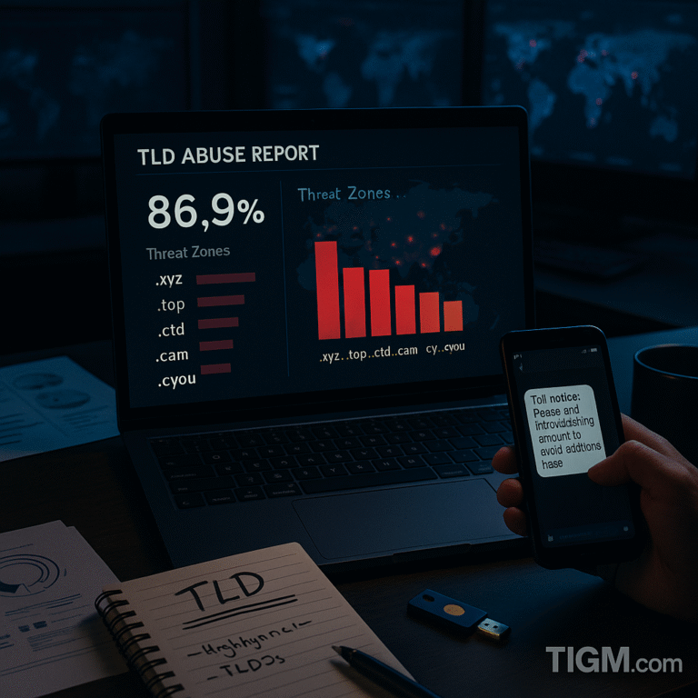 A cybersecurity analyst reviews a “TLD Abuse Report” on a laptop showing that 86.9% of toll-scam domains are concentrated in five TLD zones, while holding a phone displaying a fake toll-payment SMS, with threat-intel notes and a USB security key on the desk in a dim SOC environment.