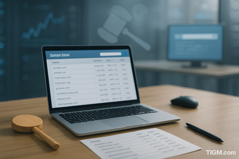 “Laptop displaying a domain auction results dashboard on a wooden desk, with a bidding paddle, printed sales sheet, and blurred server racks in the background; TIGM.com watermark visible at bottom-right.”
