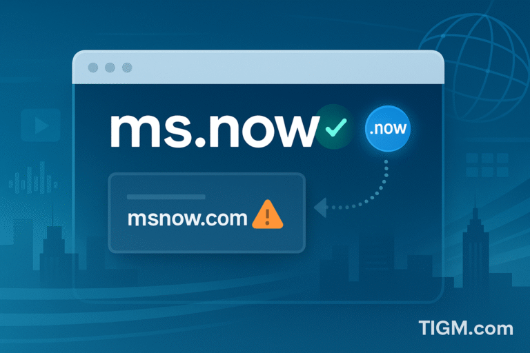 “Digital illustration showing a browser window with the domain ms.now and a checkmark, alongside a faded msnow.com card marked with a warning icon, set against a blue media-themed background with cityscape and internet globe elements, representing MSNBC’s shift to the ms.now domain.”
