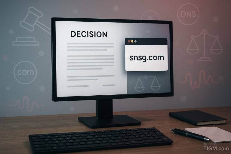 “A computer monitor displaying a blurred legal ‘decision’ document and a browser-style window showing snsg.com, set on a desk with keyboard, notebook, and pen, with abstract law and domain icons in the background; TIGM.com watermark visible.”