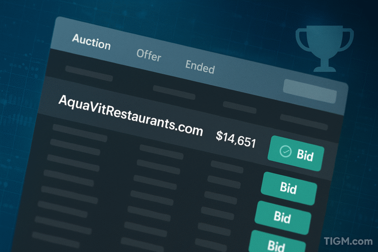 “Digital auction interface highlighting a top domain sale with a blurred results list, green bid buttons, and a trophy icon, branded with a TIGM.com watermark.”