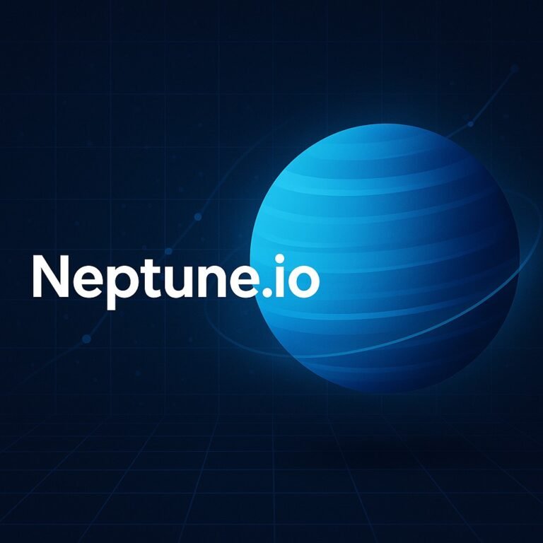 “Planet Neptune digital illustration over a tech grid background, representing the $45,000 sale of Neptune.io on Atom marketplace.”