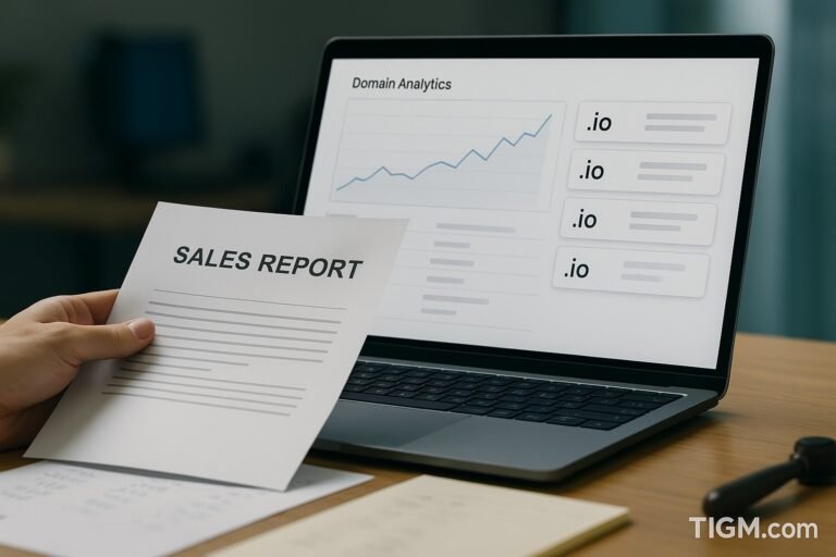 “A person holding a printed sales report in front of a laptop displaying a domain analytics dashboard with .io listings and an upward trend graph, on a wooden desk with scattered notes and a gavel, TIGM.com watermark visible.”