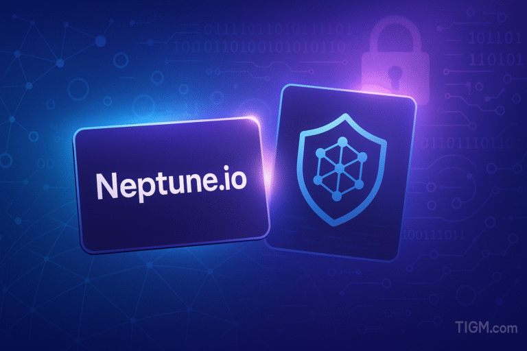 “Neptune.io domain card next to a privacy shield graphic against a blue-purple blockchain background with cryptography and network nodes — TIGM.com featured image.”