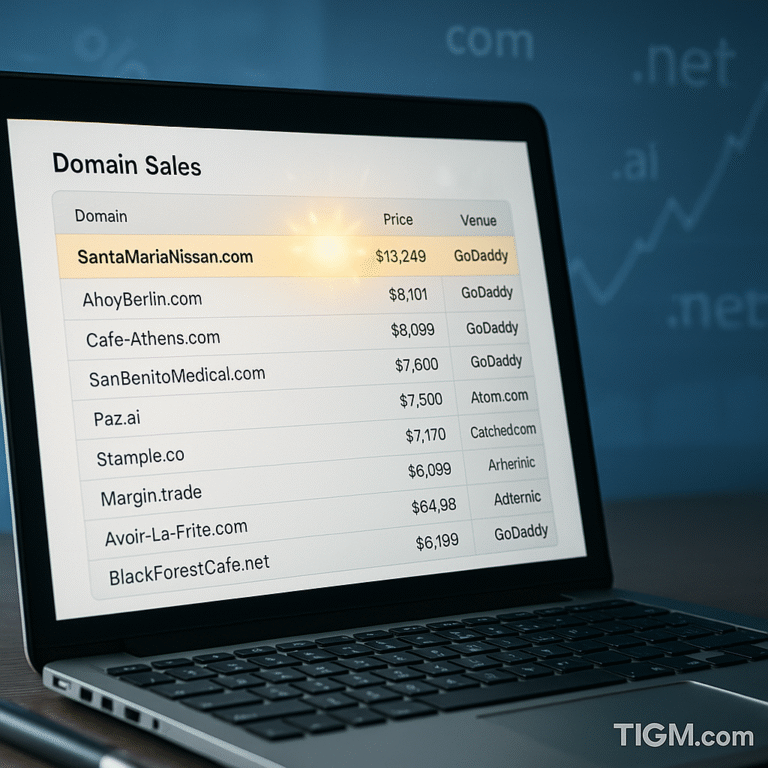 “Laptop screen displaying a domain sales dashboard with SantaMariaNissan.com highlighted as the top $13,249 sale, with domain-market graphs and TIGM.com watermark in the background.”