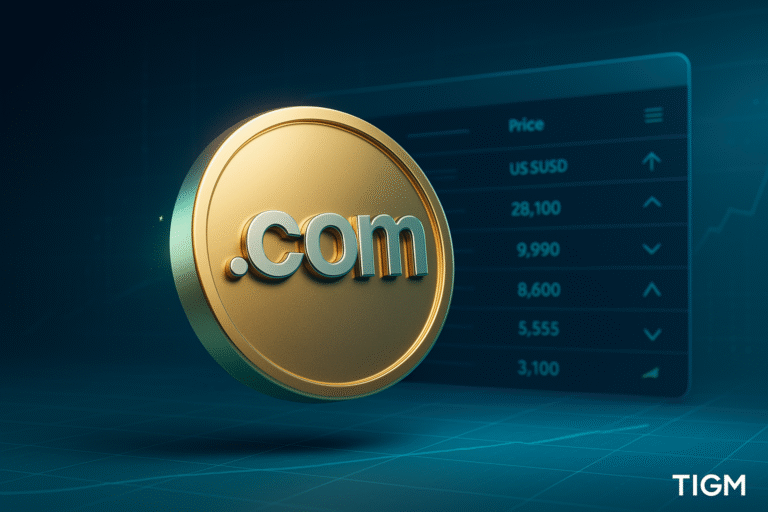 “A premium digital asset concept image featuring a .com domain sphere over a modern auction dashboard, styled in TIGM’s teal-blue tech aesthetic.”