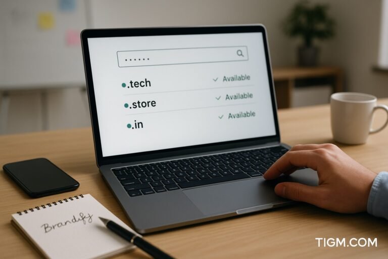 A startup founder searches for domain names on a laptop showing .tech, .store, and .in availability, with a notebook labeled “Brandify,” a smartphone, and a coffee mug on the desk in a modern workspace.