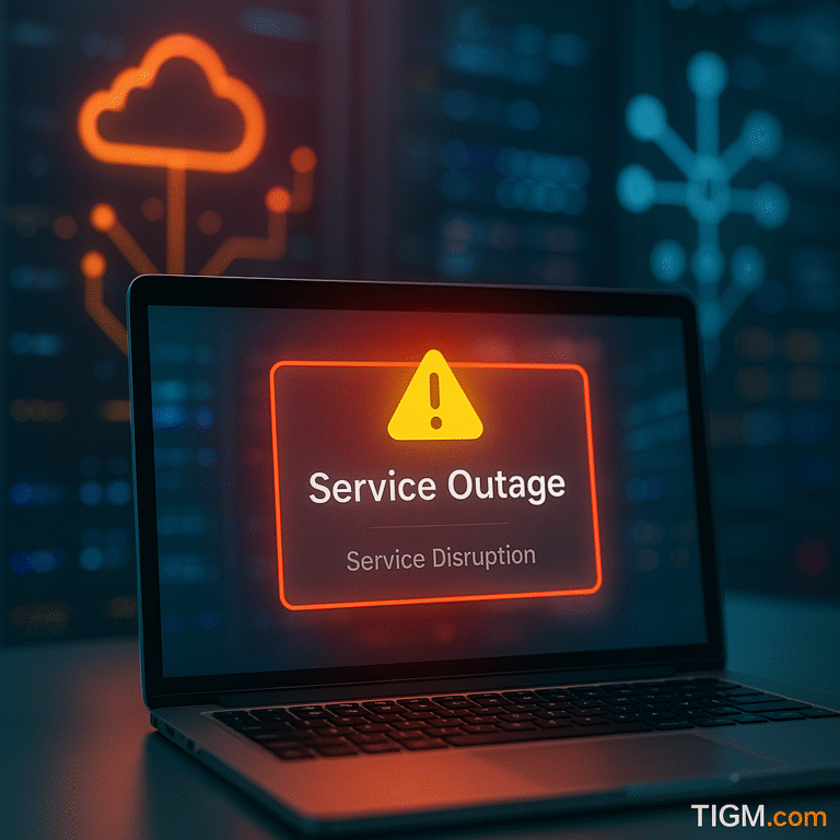 A laptop screen displaying a generic “Service Outage” status card with warning icons, set against a blurred data-center background featuring server racks and network grids. A TIGM.com watermark appears at the bottom-right.