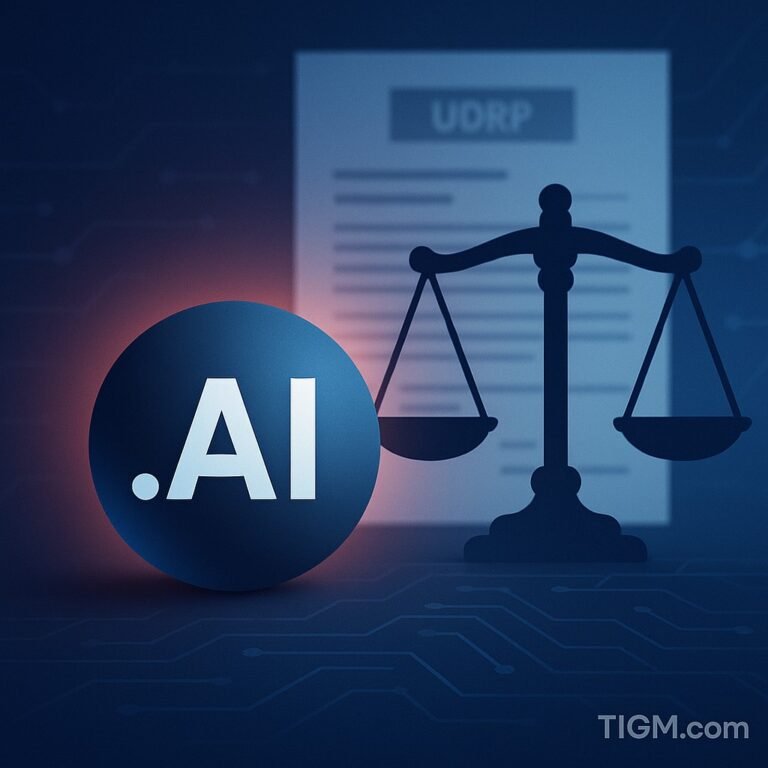 “Legal-themed digital illustration showing a .AI domain element with a justice scale behind it, representing the UDRP transfer of Toptal.ai.”
