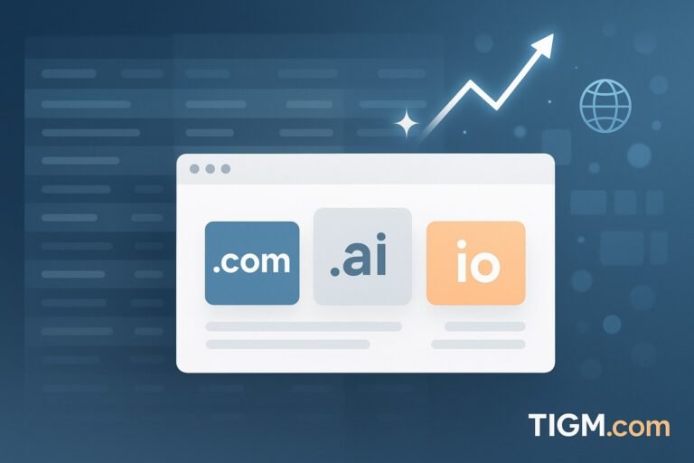“Editorial-style digital marketplace dashboard showing abstract domain cards for .com, .ai, and .io extensions, with soft data-grid background and upward-trend chart, finished with a subtle TIGM.com watermark.”