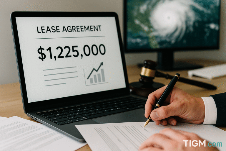 “Laptop displaying a $1,225,000 lease agreement next to a hand signing documents, with a hurricane satellite image on a monitor and a gavel on the desk.”
