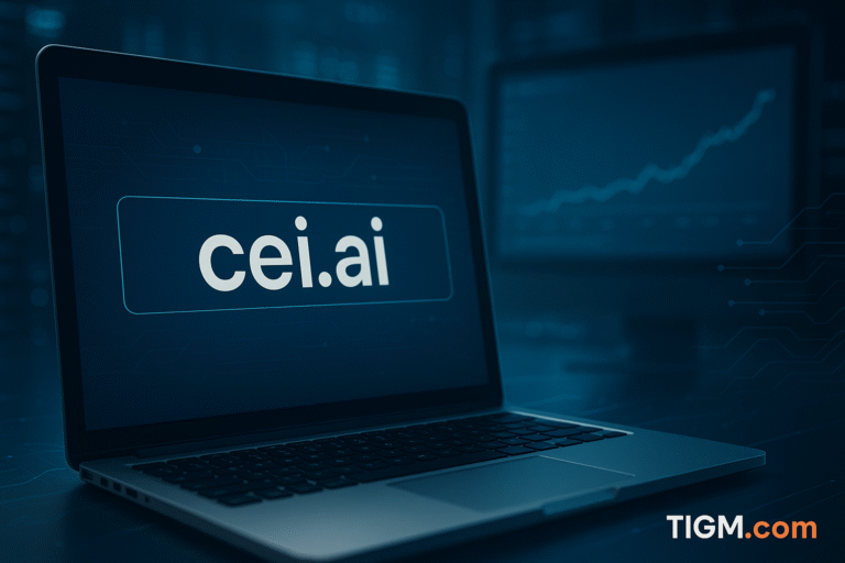 A laptop screen showing the domain cei.ai in a sleek, AI-themed digital workspace, with a blurred monitor displaying an upward trend graph; TIGM.com watermark appears at the bottom-right.